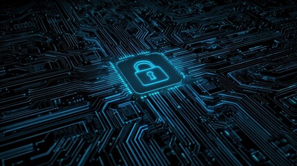 secure data transmission concept with lock symbol integrated in futuristic circuit pattern on neon cyber background digital encryption cybersecurity protection network privacy and information