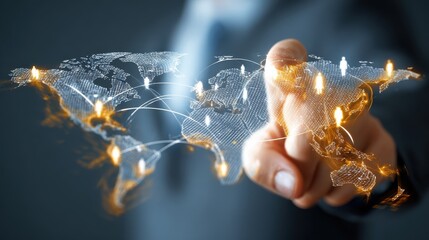 businessman using digital world map with human icons global network connection and international business communication concept background