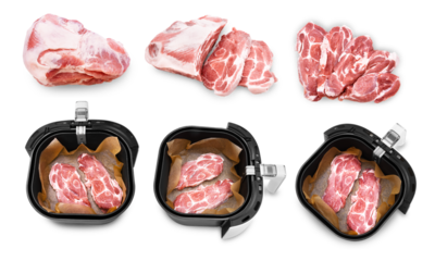 Six pieces of raw pork shown in different cross-sections and two pieces placed in a fryer basket with parchment paper isolated on a transparent background