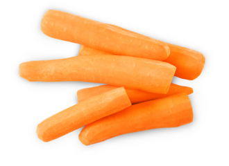 An overhead view of a group of six whole, peeled, bright orange carrots stacked and scattered on a white background.