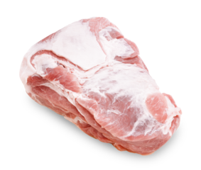 Close-up studio shot of a large, boneless raw pork shoulder or butt, showing marbling and fat on a light gray background. Isolated on transparent background.