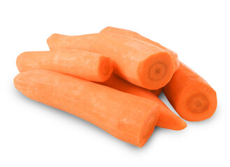 A cluster of several whole, peeled, bright orange carrots, stacked together and isolated on a clean white background.