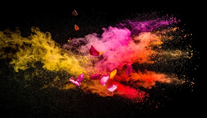 Vibrant pigments burst against a dark backdrop, creating an abstract explosion of color and texture with floating petals