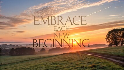 Sunrise over field with inspirational quote to embrace the new