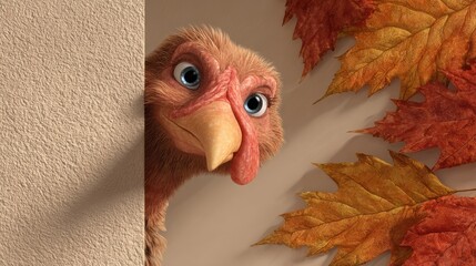 cute cartoon turkey peeking around a corner announcing that the business will be closed on thanksgiving day with autumn leaves