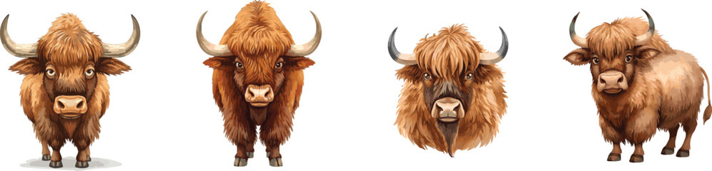 Yak cartoon wild mountain brown bull hand drawn watercolor set illustration isolated on white. 