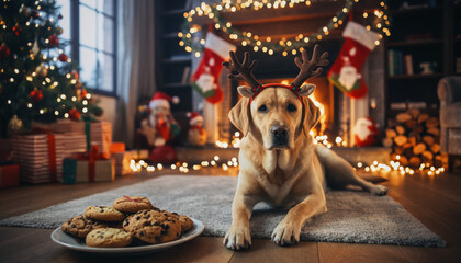 A cute yellow Labrador Retriever dog with reindeer antlers lies on a rug in front of a cozy fireplace. The room is beautifully decorated for Christmas with a tree, lights, and presents.