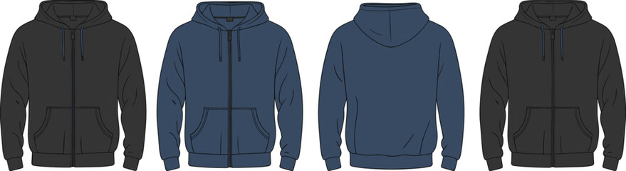 Hoodie flat sketch front and back views, zip up and pullover designs, casual streetwear apparel template, fashion garment illustration drawing © MD SAKIL