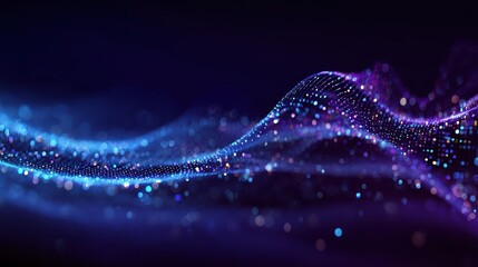 abstract digital wave surface made of glowing blue and purple dots creating a futuristic sound wave or data flow visualization against a deep blue background