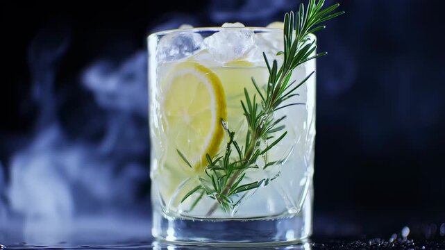 A refreshing cocktail, ice, lemon slice, and rosemary sprig, in a textured glass, cool background