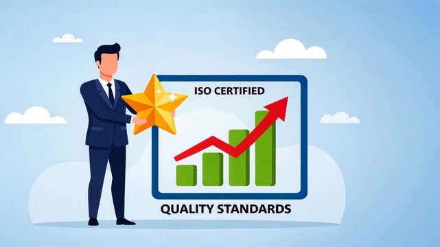 A business figure holding golden star before performance chart shows growth in employee training on quality standards and iso certification and quality management