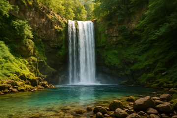 Majestic waterfall cascading into tranquil turquoise pool surrounded by greenery