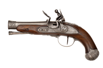 Antique flintlock pistol with ornate silver details, a historical firearm relic evoking adventure and timeless craftsmanship for collectors