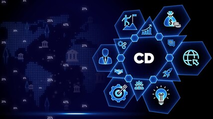 CD concept with icons for business growth and technology on a digital world map background compact disc - Powered by Adobe