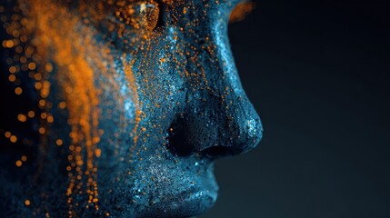 abstract digital face profile glowing blue orange lines data network