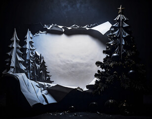 破れた紙の隙間から輝く巨大な金色の月。黒松のシルエットが際立つ、和モダンなクリスマスの幻想風景