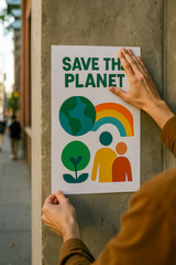 Fototapeta premium Hand placing a save the planet poster on a wall
