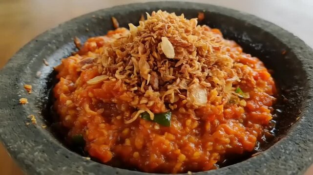 Delicious Homemade Sambal Ulek Chili Paste in a Mortar.