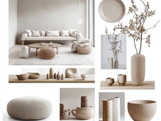 Curated moodboard presents a serene Scandinavian interior with neutral tones, organic textures, and simple decor pieces highlighting natural beauty and functionality