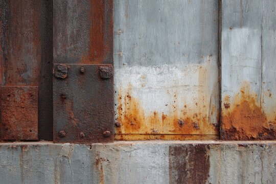 Rusty metal panels, bolted, with concrete. Aged, textured, weathered surface, gray, brown, orange, and metal tones