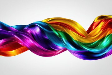 Large flowing waves of rainbow flag colors ribbons intertwining, glossy textures, metallic reflections, pure abstraction symbolizing diversity converging into harmony, on white background