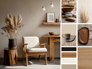 This moodboard showcases a warm Scandinavian interior with natural elements, featuring soft textiles, wooden furniture, and earthy accessories for a tranquil atmosphere