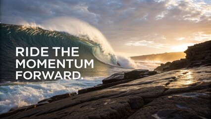 Surfer riding giant wave in the ocean at sunset