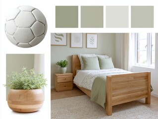 This moodboard features a children's room design in soft green hues, highlighting a cozy bed, playful decor, and a peaceful, inviting atmosphere