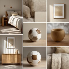 This moodboard showcases a children's room design in soothing warm beige tones. It features soft textures, playful details, and cozy furniture, creating a tranquil space