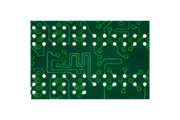 Green printed circuit board fragment with holes and copper traces is isolated.
