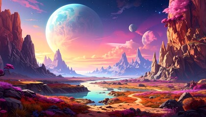 Vibrant alien landscape with pink trees, large planet, mountains, and a flowing river in a colorful, surreal setting