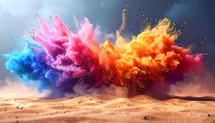 Vibrant cloud of colored powder explodes over a tan, sandy surface under a cloudy sky