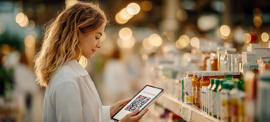 Woman using tablet in pharmacy with various products around her