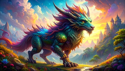 Vibrant, colorful dragon majestically poses against a magical landscape with a dreamy sky and distant castle