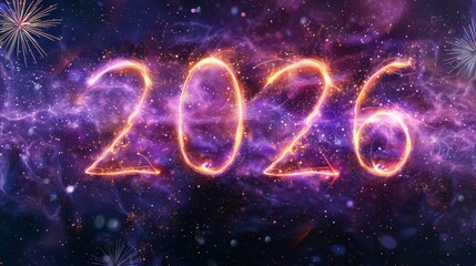 A fantasy banner showcases the glowing year 2026 against a vibrant, starry backdrop, ideal for New Year celebrations