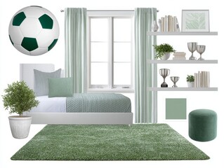 This moodboard features a football themed kids bedroom with green accents, showcasing a cozy bed, decorative items, and a playful soccer ball