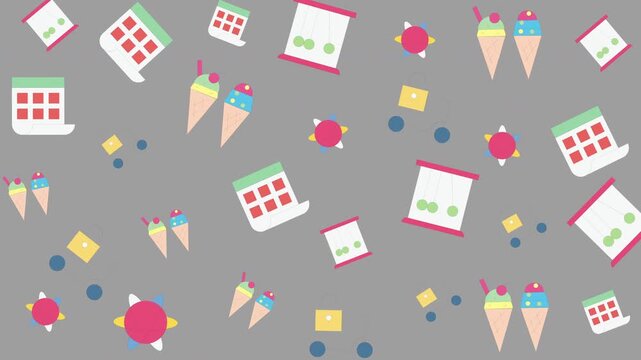 Colorful seamless pattern featuring ice cream cones, sweets, and candies on a gray background, digital illustration with playful and vibrant design