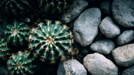 Close-up view of a prickly cactus with vibrant green spines contrasted against a background of smooth gray stones in a serene outdoor environment