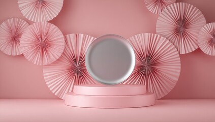 A pink tiered platform with a silver dish, backed by stylized paper fans, all set against a rosy background