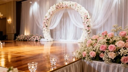 Elegant circular wedding arch decorated with white and blush pink roses standing before a sheer white draped backdrop in a ballroom.