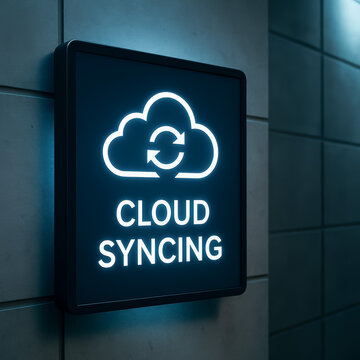 Cloud syncing neon sign glowing on modern wall