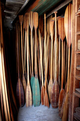 A collection of wooden paddles rests against the wall of a workshop, displaying various shapes and sizes in a well-organized storage area