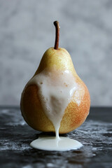 A ripe pear stands alone with milk dripping from the top and running down its surface, creating an interesting texture against a gray background