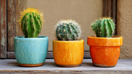Three distinct cactus pots with vibrant colors sit on a weathered wooden shelf against a textured wall, adding a touch of nature to the cozy atmosphere