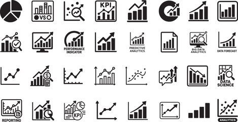 Data analytics graph icon set in bold silhouette style for charts, reports, trends, and insights.