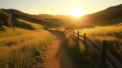 Sunset Trail Through Golden Grassy Hills