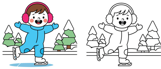 Coloring book page vector illustration of a cute happy kid ice skating in a winter forest with a colored guide example