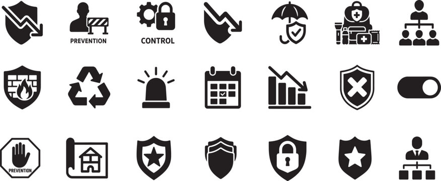 Flat mitigation icon set featuring prevention, protection, control, planning, and risk management.