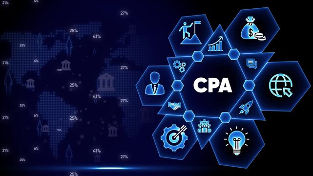 CPA concept with interconnected icons and world map background Keywords: CPA, certified public accountant, finance, accounting, business, tax, audit - Powered by Adobe