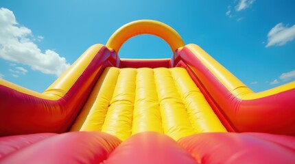 Inflatable slide on playground with multicolored design. Bottom view of bouncy castle on sky background. Red yellow blue colors prominent. Entertainment attraction for kids at summer holiday activity.